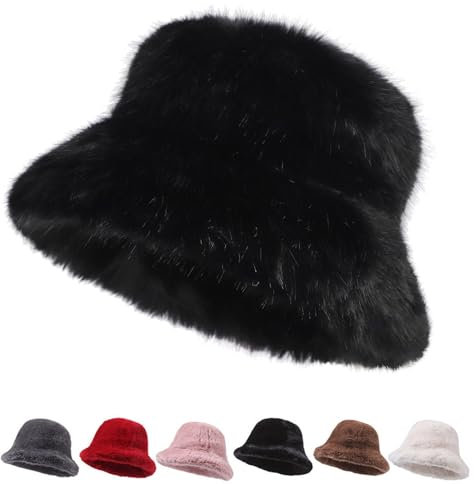 Argumub Pelzige Fischerhüte für Damen, breite Krempe, Kunstfell, Winterwärmer, Fischermütze, Schwarz , Einheitsgröße