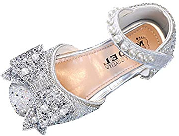 Prinzessin Schuhe Mädchen Bowknot Hochzeitsschuhe ELSA Glitzer Sandalen mit Perlen und Strasssteinen Besetzt Party Performance Tanzschuhe Kleid Schuhe Festschuhe Mädchen Mary Jane Schuhe