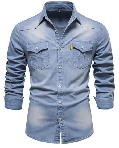 Btmpmcs Hommes Manches Longues Chemise Casual Chemise Boutonnée élégante à Coupe Ajustée Henley Shirts de Plage Chemise en Denim Slim Fit avec Poche