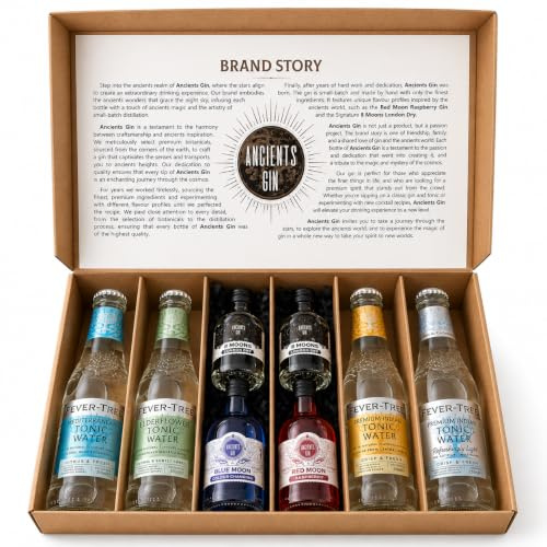Ancients Gin Award Winning Gin Gift Set Paired with Premium Fever Tree Tonic Water Mixers - Gift For Her, Present For Him, Gift Boxes. (4 x 50ml Gin, 4 x 200ml Tonic)