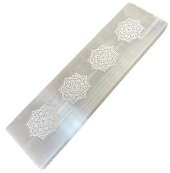 Natural Selenite Wand Charging Plate | Thick Crystal Bar for Healing, Spells, Chakra Cleanse. Etched Mandala Design