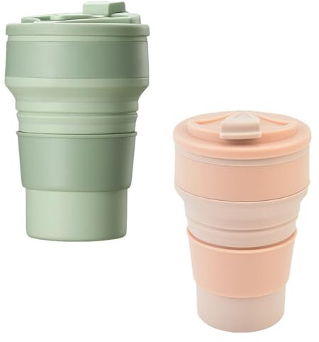2 Stück Faltbare Becher, 500 ML Tragbare Tasse Silikon, Faltbarer Kaffeebecher, Bpa-Frei Faltbare Reisebecher, für Picknick, Camping, Wandern, Reisen, Grün, Rosa