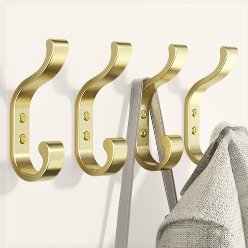 jockcaras Gold Coat Hooks Wall Mounted - Heavy Duty Metal Hooks for Clothes, Towels, Hats, Keys, and Coats | Perfect for Mudrooms | 4 Pack