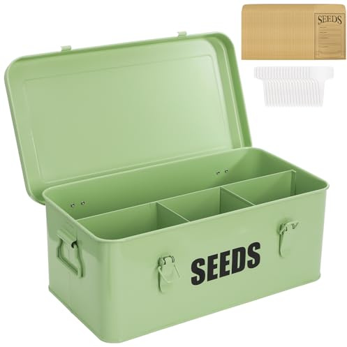 Mezchi Seed Storage Box Organizer with 4 Compartments, Large Metal Seed Packet Container with Handles, Lid & Safety Locks, Garden Seed Bin with dividers for Saving Seeds, 50 Plant Labels, 20 Envelopes