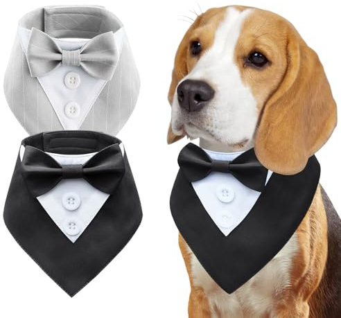 Oslueidy 2PCS Hund Smoking Formelle Hund Bandana, Einstellbare Hund Halsband mit Fliege Geburtstag Hund Kostüm Party Anzug Hund Hochzeit Kleidung Hund Valentines Outfit Cosplay (Schwarz Grau, XL)