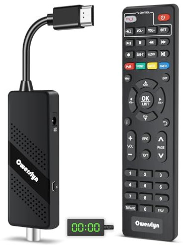 Decoder Digitale Terrestre 2025, OWERSLYN Decoder DVB-T2 HD 1080P H265 HEVC Main 10 Bit, HDMI CEC TV Stick Supporto Uscita HDMI/Scart e USB Multimediale/PVR Recorder/Telecomando 2in 1 (M6)