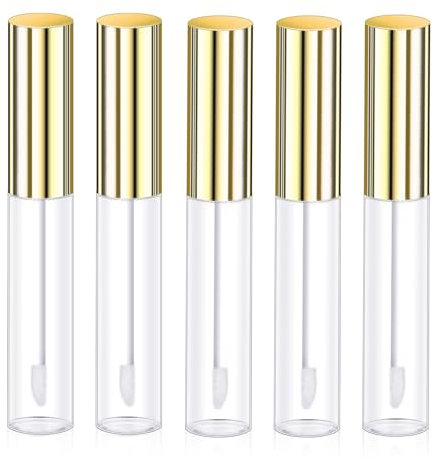 Molain 5PCS Empty Lip Gloss Tubes, 10ml Refillable Cosmetic Containers Bottles Lip Balm Bottles with Wand Concealer for Lipstick Samples, Lip Balms(Gold tube cap)