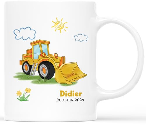 CADEAU PLUS Mug Personnalisé Prénom - Tasse Engins De Chantier Pour Enfant - Micro-ondable, Tracteur - Cadeau Pour Enfants