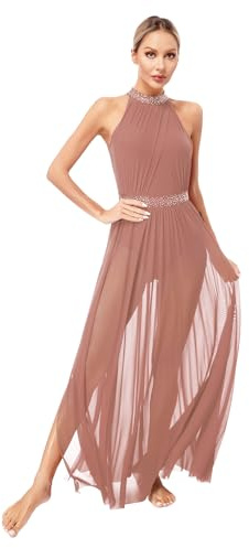 winying Donne Lyrical Dance Costume Strass Lungo Balletto Abito Da Danza Maglia Tulle Vestito Maglia Vestito Pattinaggio su ghiaccio Balletto Abbigliamento Moderno, rosa antico, L