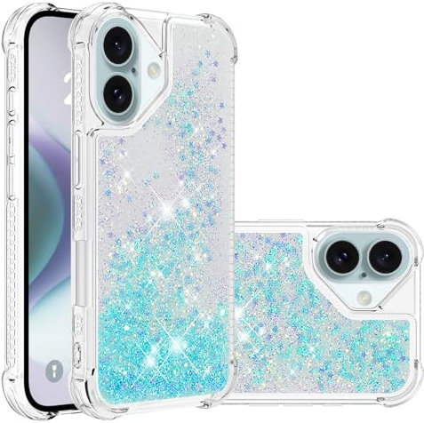 QIWEIQING Kompatibel mit für iPhone 16 Glitzer Leicht Hülle, Handyhülle Flexibel TPU Silikon Cover Erhöhte Kanten Flüssigkeit Treibsand Schutzhülle für iPhone 16.Lake Blue YBL