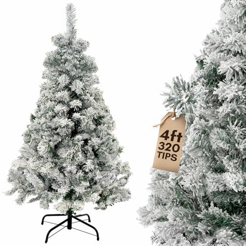Pelle & Sol 4ft Snow Tipped, Flocked Christmas Tree with 320 Snowy Tips - Artificial Xmas Decorations - Easy Assembly w/Metal Stand, Natural Look Frosted Christmas Tree