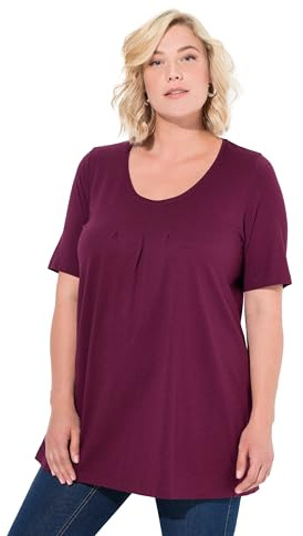 Ulla Popken Damen große Größen Übergrößen Plus Size T-Shirt, Zierfalten, A-Linie, Rundhals, Halbarm, Modal dunkle Beere 58+ 796473544-58+