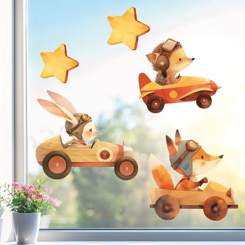 Sunnywall Fensterbilder Herbst für Kinder Tiermotive in Holz-Optik | Autos & Tiere als statisch haftende Fenstersticker, WIEDERVERWENDBAR (Fuchs, Hase & Igel, DIN A3 Bogen)