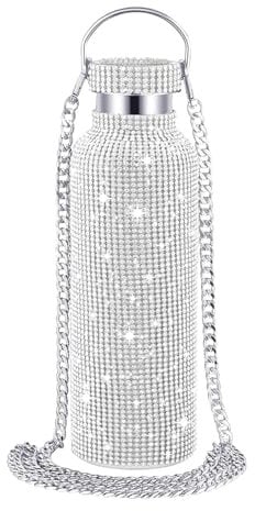 HAPPOW 25oz Sparkly Water Bottle,Diamond Metal Water Bottle with Chain, Bling Diamond Waterbottle Rhinestone for Women, Insulated and Refillable(Silver)