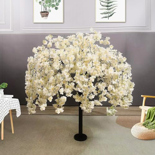 HJDSUDU Faux Cherry Blossom Tree, 4FT Simulation Sakura Tree Vine, Handmade Wishing Tree Indoor, Artificial Weeping Cherry Blossom Tree, for Garden, Party, Office, Wedding,Champagne