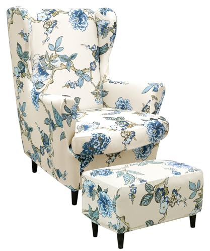 Alishomtll 3 Teilig Ohrensessel Überzug Mit Ottomane Schonbezug Stretch Sessel-Überwürfe Elastisch Sesselhusse Strandmon Tiger Stuhlbezug mit Armlehne Hohe Rückenlehne Universal (Blau Blumen)