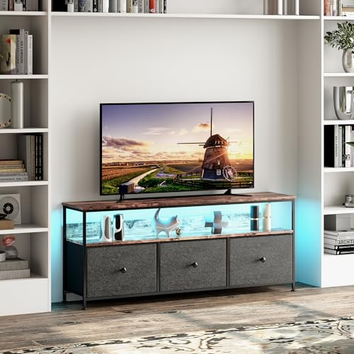 BRILVERDE - Mueble de TV LED de 137 cm con 3 cajones de tela PU, banco de TV vintage, mueble de TV con almacenamiento, aparador multimedia para salón, dormitorio (negro, 137 cm)