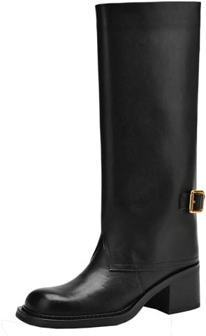 CHICMARK Stivali alti al ginocchio da donna in vera pelle con ampia slitta di polpaccio, alla moda, Nero Freddo Foderato, 39 EU