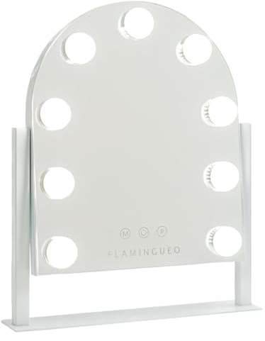 Flamingueo Schminkspiegel mit Beleuchtung - 9 LED - 3 Modi - Einstellbare Intensität - Touch Control - Vanity Mirror - Einstellbare Position - Weiß - 30,5x6x36cm