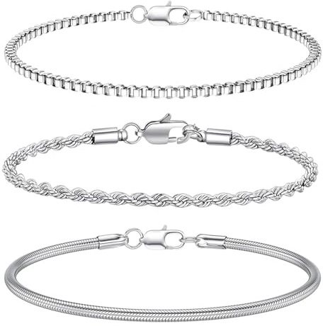 XSDSLS 3 pezzi Bracciale d'argento da uomo Set Bracciale in acciaio inox Bracciale a catena impilabile Bracciale a spina di pesce Bracciale a corda tesa Regali per gli uomini (19 cm)