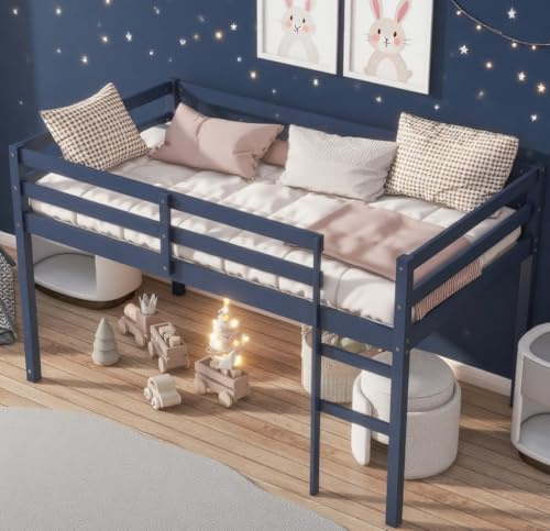 Bellemave Twin Size loft Bed for Kids, Kids loft Bed with Ladder, Wooden loft Bed for Kids, Low loft Bed, Blue