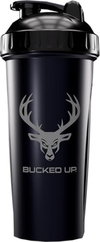 Shaker Bottle for Protein, Pre Workouts and Smoothies, Black Bottle with Gray Buck Logo (28oz)
