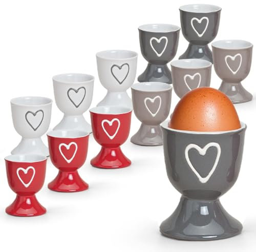 Bunte Landhaus-Stil Eierbecher 12er Set bunt - Runde Keramik Frühstücks-Eier Herzen Untersetzer