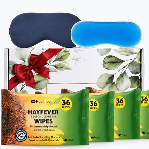 Hayfever Relief Kit with 4 Packs of Cleansing Wipes and 2 Cooling Eye Masks, Gentle Face and Hand Wipes for Pollen, Reusable Gel Masks for Soothing Eye Relief