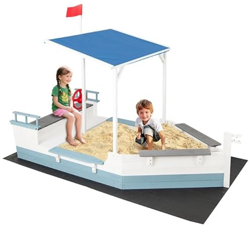 COSTWAY Sandkasten mit Dach, Piratenschiff Sandkasten Holz mit Flaggenmast & Steuerrad & Sitzbank, Sandkiste Sandbox Outdoor für Kinder ab 3 Jahre