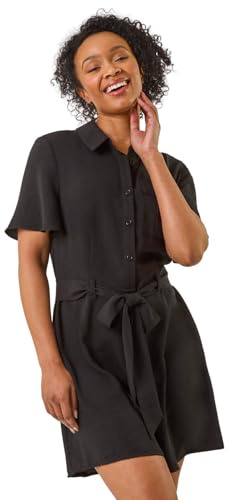 Roman Petite Button Front Tie Playsuit for Women UK - Ladies Everyday Holiday Spring Summer Shirt Style Collar Comfy Soft Evening Vacation Work Party - Petite Black - Size 12