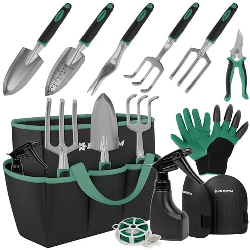 BLOSTM Juego de herramientas de jardinería de 11 piezas, kit de herramientas de jardín resistente con bolsa de mano impermeable, juego de paletas de jardín a prueba de óxido (verde/negro)