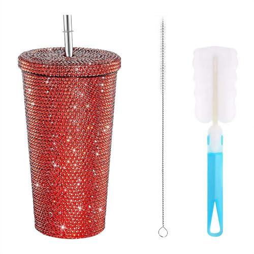 750ml Rhinestones Tumbler With Handle & Stainless Steel Straw Glitter Water Bottle, Shiny crystal Insulated Bling Cup With Lid Brush for Women Travel Outdoor Portable Fashion Reusable Mugs (Red)
