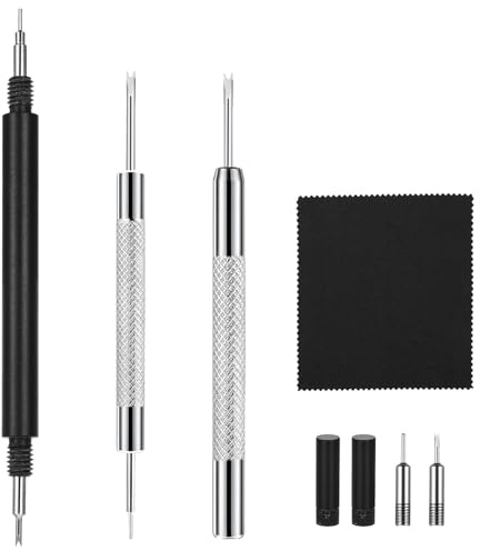 5 Stück Federstegwerkzeug, Uhrmacherwerkzeug Set Uhrenarmband Werkzeug mit Kappen, Ersatzgabel und Reinigungstuch Uhr Entferner Repair Tool zum Anpassen, Entfernen und Ersetzen von Uhrenarmbändern