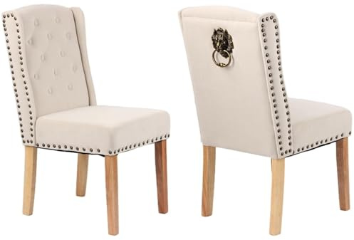 MILLIES DESIGN Set of 2 FRANCESCA Luxury Velvet Dining Chairs, Luxury Velvet Chairs 12 Button backrest, studded detailing, Lion head knocker, wooden legs (BEIGE VELVET)