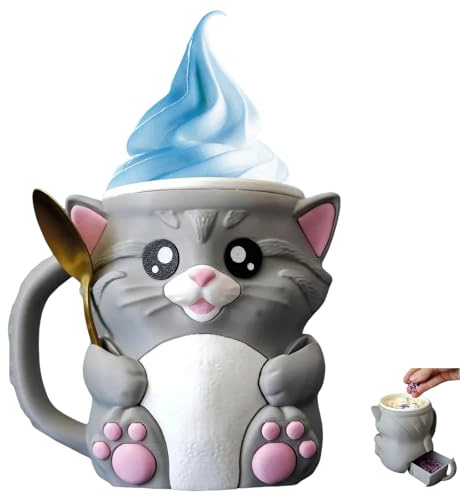 Joalpysm Cat Ice Cream Holder, Cute Ice Cream Pint Holder with Handle and 2 Spoons, Reusable Icecream Tub with Snack Drawer, Lovely Cat Lover Gifts (15cm, Grey)