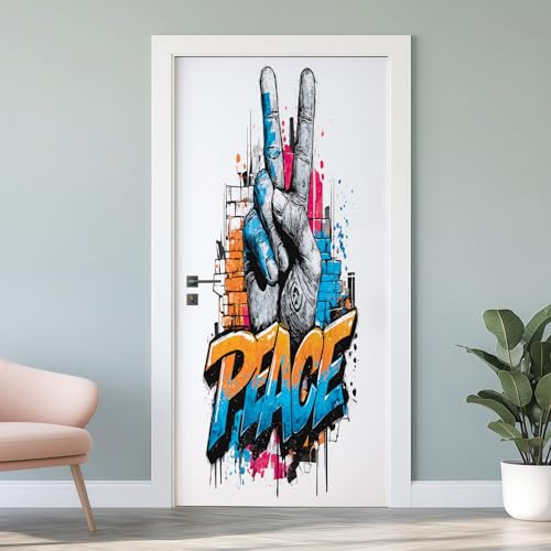 Street Graffiti 3D Türfolie, Finger Peace Wandbild Selbstklebend, PVC Abnehmbare, Ziegelmauer Türtapete Fototapete, Wandsticker für Heimdekoration, 80x200 cm P5d271