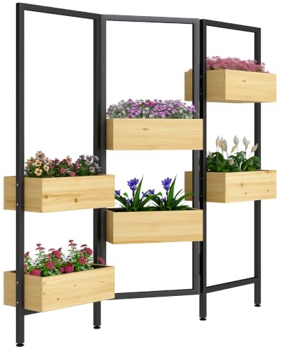 Outsunny Blumenkasten mit Sichtschutz Hochbeet Klappbar 116 x 20 x 112 cm | 6 Pflanzkästen mit Ablauflöchern, Stahl Raumtrenner, Gartenspalier für Kletterpflanzen, Garten Hof Balkon