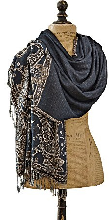 Loberon Schal Laine, dunkelblau | Handgearbeitete Paisley-Stickerei, Wende-Design, Dekorative Fransen, Tuch, Accessoire, Viskose