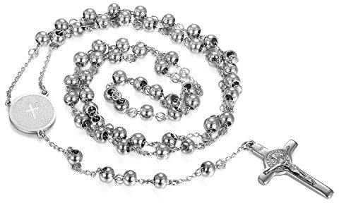 JewelryWe Schmuck Herren Damen Rosenkranz Kette Kreuz Halskette, Edelstahl Bibel Jesus Christus Kruzifix Anhänger Kette Silber