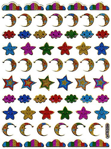 Charo Wolke Stern Mond Halbmond bunt Aufkleber 62-teilig 1 Blatt 135 mm x 100 mm Sticker Basteln Kinder Party Metallic-Look