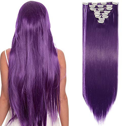 SEGO Clip in Extensions Haarverlängerung Haarteil 8 Tresssen wie Echthaar glatt Lila-blau 26(66cm)-140g