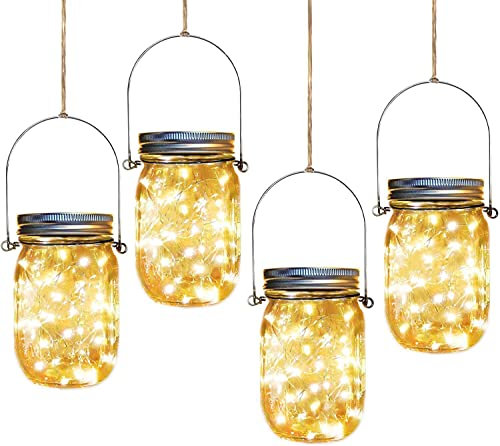 Aikeve 4 Pack 30-LED Solar Mason Jar Lights, Hanging Lanterns with Glass Jars, Handles & Solar Lids, Water Resistant, LED Type, Perfect for Indoor/Outdoor Decor