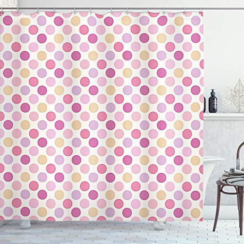 ABAKUHAUS Dots Duschvorhang, Geometrische Punkte Kreise, Stoffliches Gewebe Badezimmerdekorationsset mit Haken, 175 x 200 cm, Rosa Elfenbein