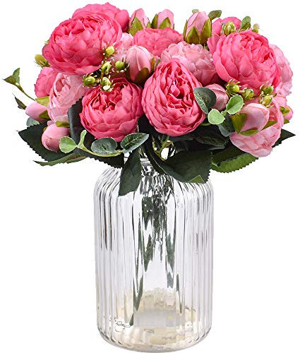 XONOR 4 mazzi di Fiori Artificiali di peonia di Seta Fiori Finti di Gloriosa per la Decorazione Domestica della Festa Nuziale, 5 forchette, 9 Testa (Rosa Rossa e Rosa)