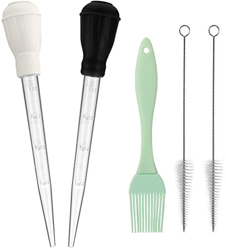 Nylon Heat-Resistant Turkey Baster Cooking Set Includes Meat Baster, 1 Silicone Basting Brush and 2 Cleaning Brush for BBQ Grill Baking Kitchen Cooking (Black White, 5 Pieces)
