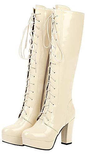 Etebella Damen Blockabsatz High Heels Plateau Kniehohe Stiefel zum Schnüren Lack Knee High Boots Winter Moderne Schuhe