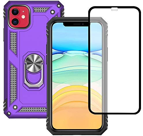 Yiakeng Funda Apple iPhone 11 New Edition Carcasa con Protector Pantalla Cristal Templado, Silicona Armor Case con Kickstand para Apple iPhone 11 (Púrpura)