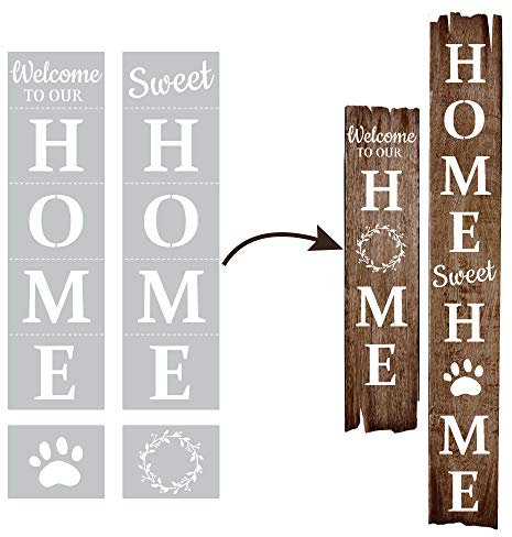 Welcome to Our Home Sweet Home Vertikale Schablone zum Bemalen auf Holz, Wiederverwendbar, Waschbare DYI Schablonen, Eigene DIY Projekte und Geschenke, Große Buchstaben Schablone, Set von 4 Stück