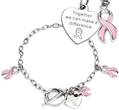 Paula & Fritz® Armband Damen Silber Brustkrebs Charm Anhänger 316L Chirurgenstahl 235-mm Bettelarmband Arm-kettchen Arm-Schmuck Fußkette Fußkettchen