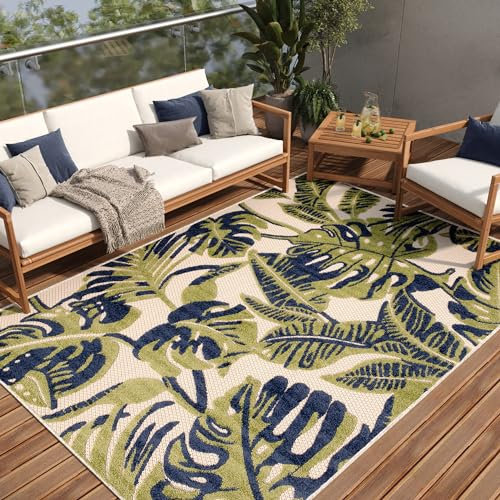 TAPISO Patio Tapis Extérieur Intérieur Terrasse Balcon Jardin d'hiver Cuisine Salon Moderne Vert Bleu Monstera Aspect 3D Résistant aux Intempéries Oeko-TEX 140 x 200 cm